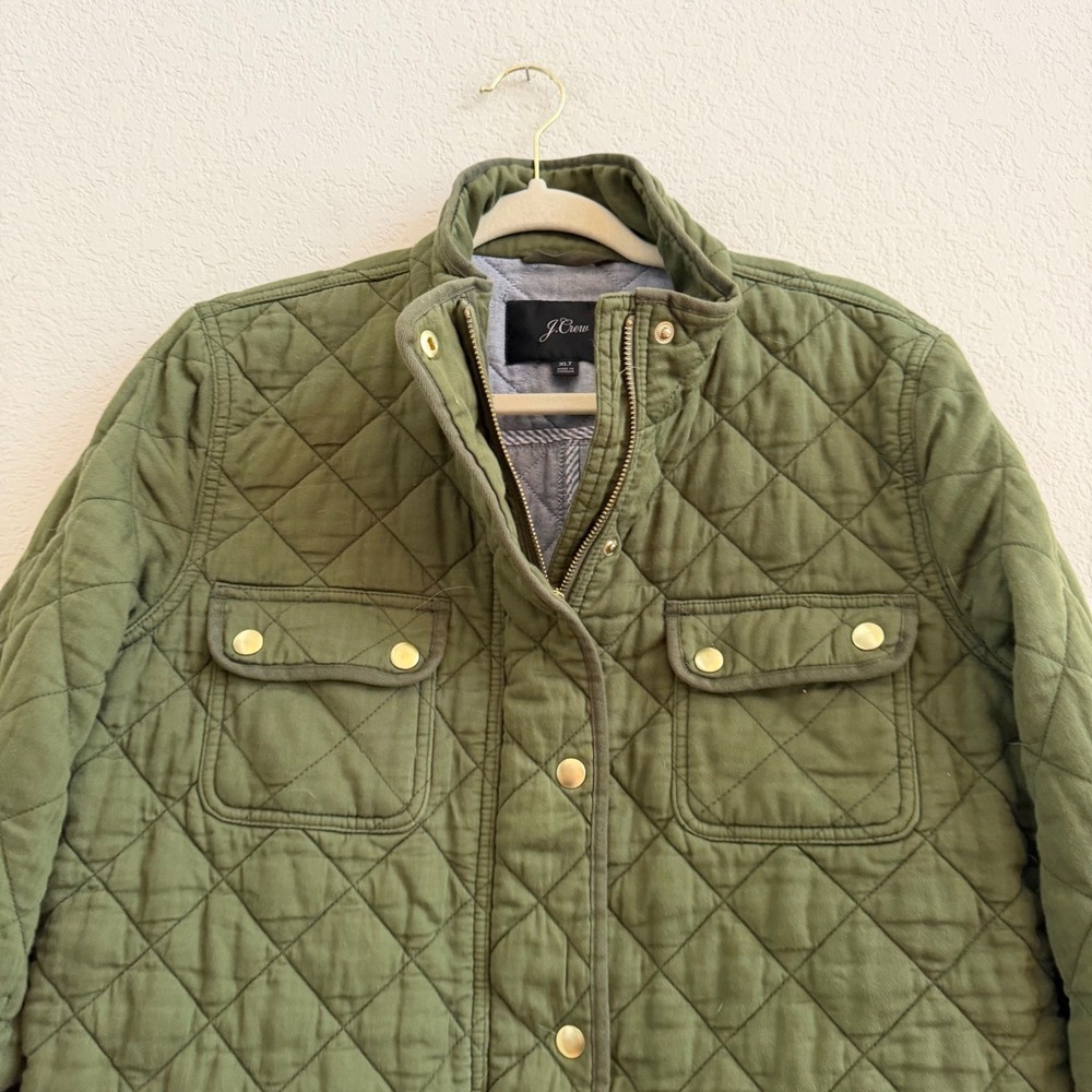 J.Crew Womens Olive Green Quilted Field Barn Jacket XLT Cotton Gold Snaps - Picture 3 of 15